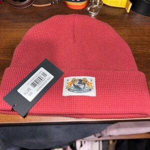 Kith Coral-Red Knit Beanie with Logo Patch